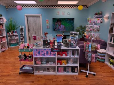Inside the shop - albums, Sanrio, and Kpop merch on display